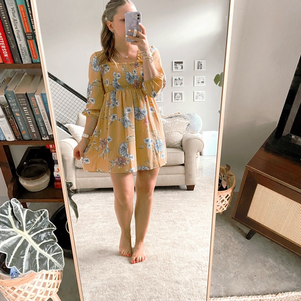 Xhilaration Yellow Floral Long Sleeve Mini Dress
